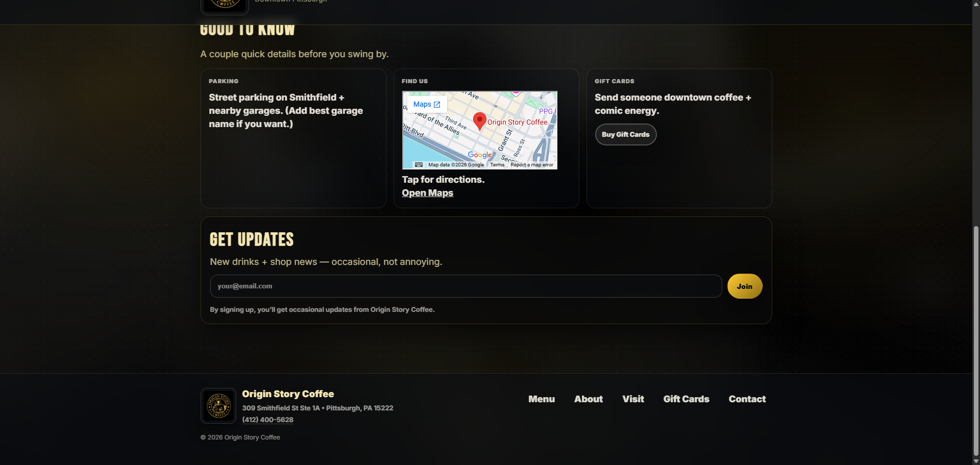 Desktop Origin Story Coffee lower page and footer concept